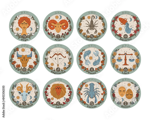 Set of zodiac vector illustrations. Flat style. Vintage color. Horoscope, astrology, magic.