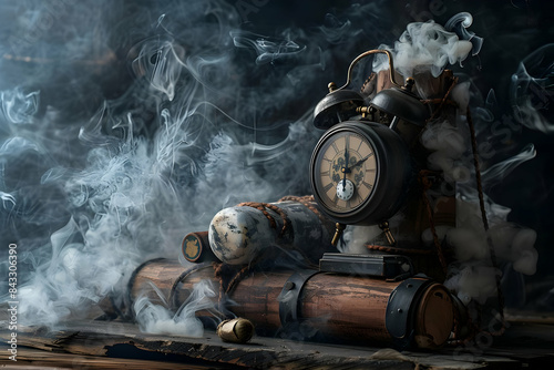 commercial photography of an old time bomb with dynamite and clock on a wooden table against a dark background with smoke photo