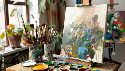 A painting is on a table with a variety of paint brushes and paint tubes