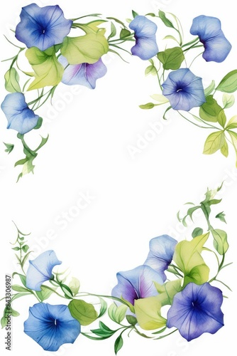 morning glory themed frame or border for photos . with trumpet-shaped flowers in various colors. watercolor illustration, white color background. 
