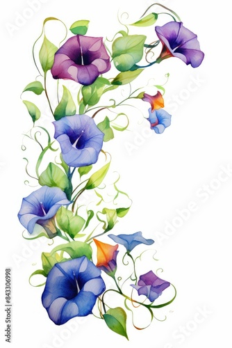 morning glory themed frame or border for photos . with trumpet-shaped flowers in various colors. watercolor illustration, white color background. 
