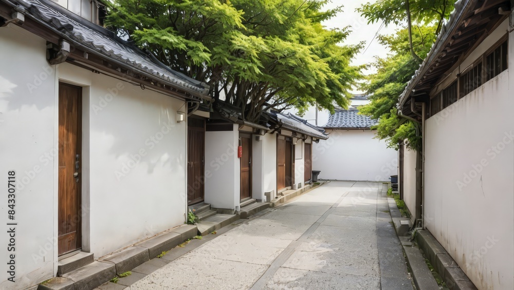 Traditional Japanese Alleyway with White Walls and Wooden Doors Traditional Japanese Alleyway with White Walls and Wooden Doors