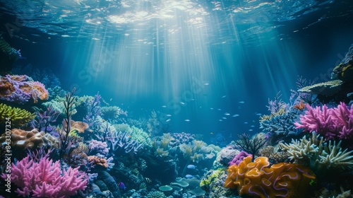 A surreal underwater scene with colorful coral reefs teeming with life, illuminated by shafts of sunlight filtering through the ocean's depths