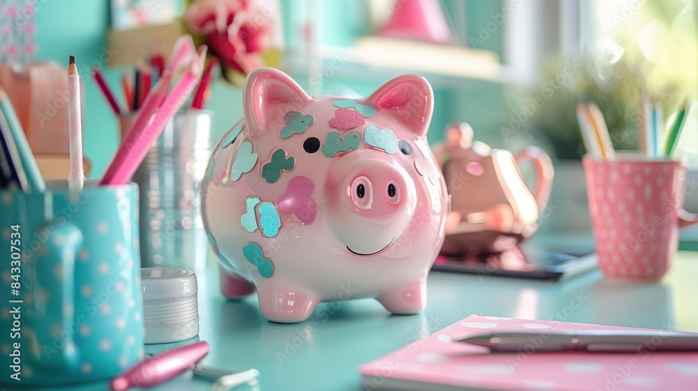 A piggy bank with a smiley face on it sits on a desk with a variety of items inc A piggy bank with a smiley face on it sits on a desk with a variety of items inc