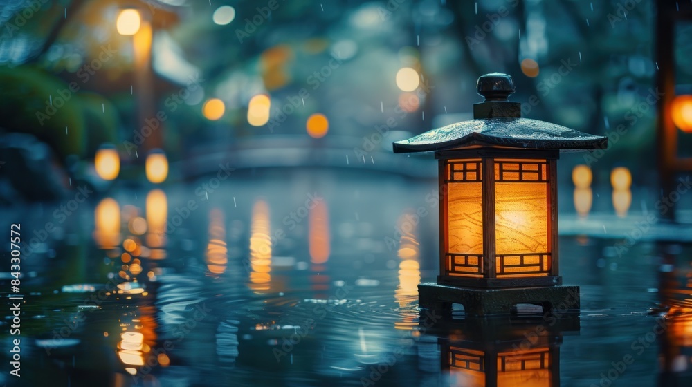 A traditional Japanese lantern in a garden pond at dusk, reflecting a calm and mystical ambiance with soft light. A traditional Japanese lantern in a garden pond at dusk, reflecting a calm and mystical ambiance with soft light.