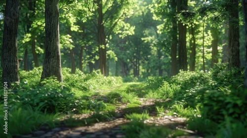 Natural dorest of woods with sunbeams through fog and leaves branch create mystic atmosphere. sunny morning in green forest