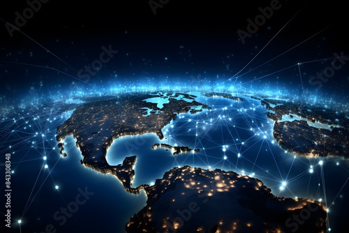 Digital map of the world with glowing blue data points and connections, representing global connectivity and online technology. The background is dark to highlight text in light colors on top 