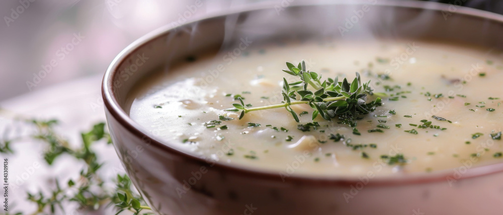 A bowl of soup with a sprig of parsley on top A bowl of soup with a sprig of parsley on top
