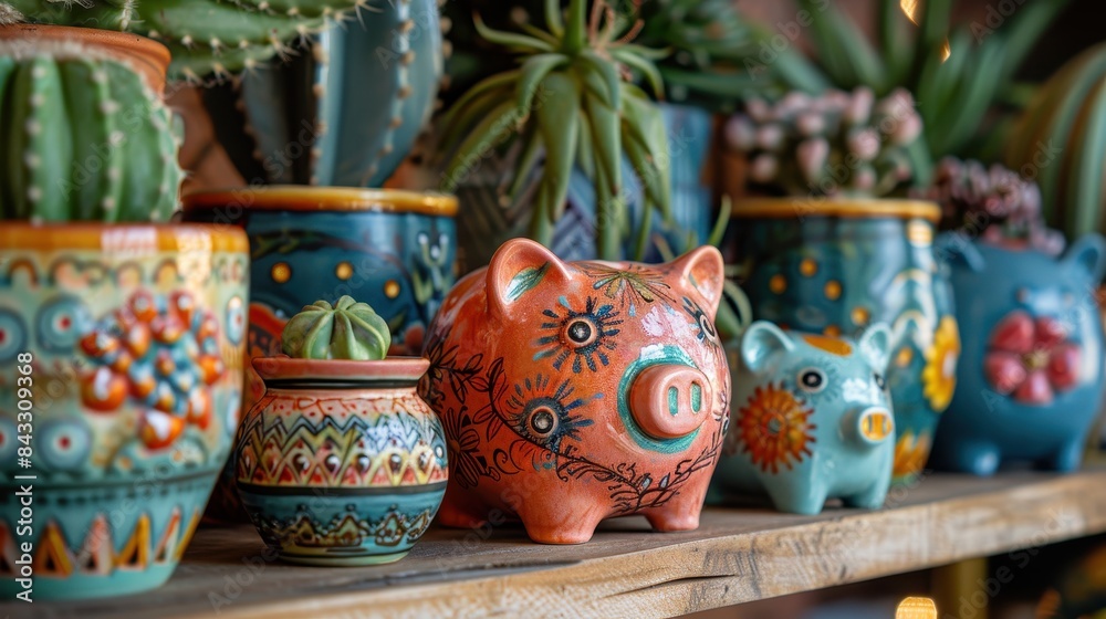 A row of colorful piggy banks sit on a shelf A row of colorful piggy banks sit on a shelf