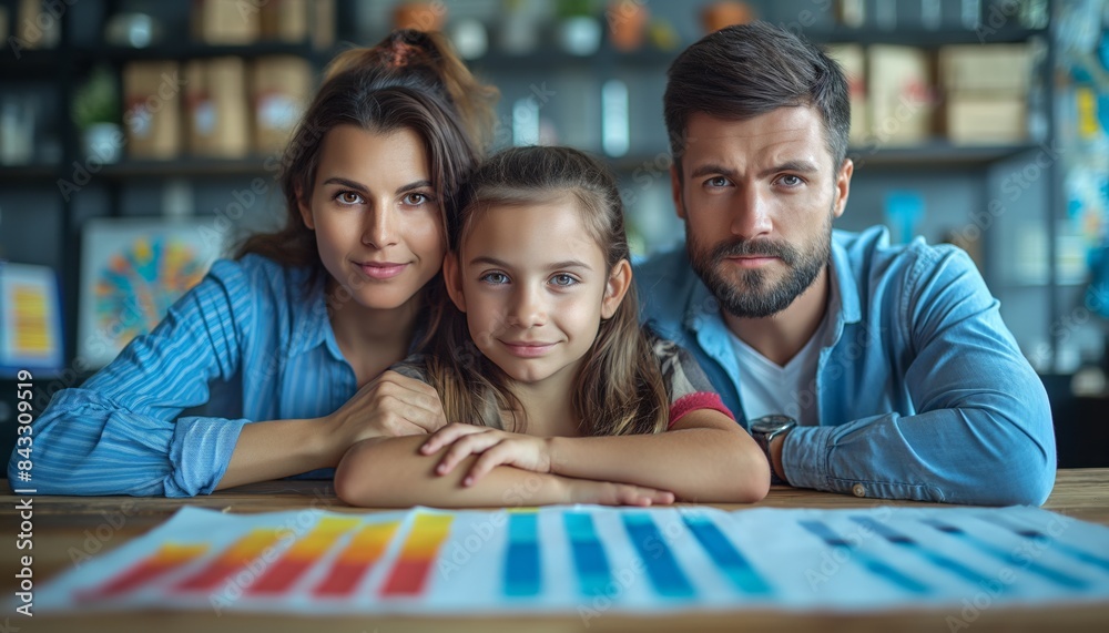 Family sitting together with financial graphs