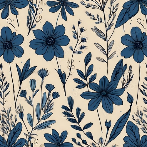 Abstract botanical art background vector. Natural hand drawn pattern design with blue flower. Simple contemporary style illustrated Design for fabric, print, cover, banner, wallpaper.  Generative AI 