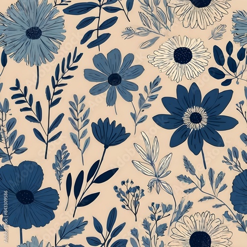 Abstract botanical art background vector. Natural hand drawn pattern design with blue flower. Simple contemporary style illustrated Design for fabric, print, cover, banner, wallpaper.  Generative AI 