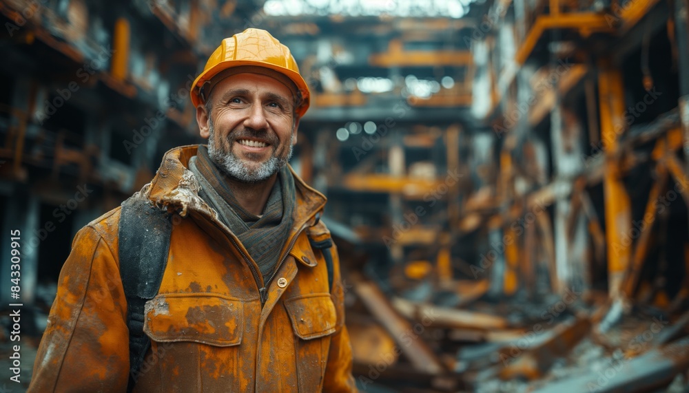 Smiling worker in orange safety gear at site Smiling worker in orange safety gear at site