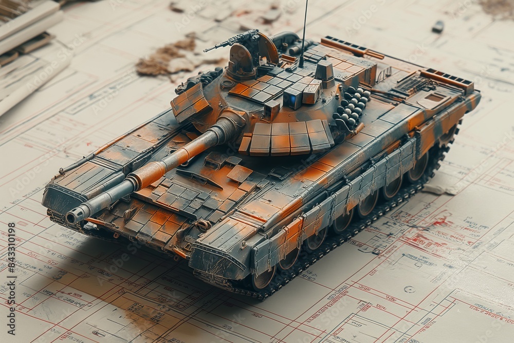 Fototapeta premium Detailed model of a modern tank on plans