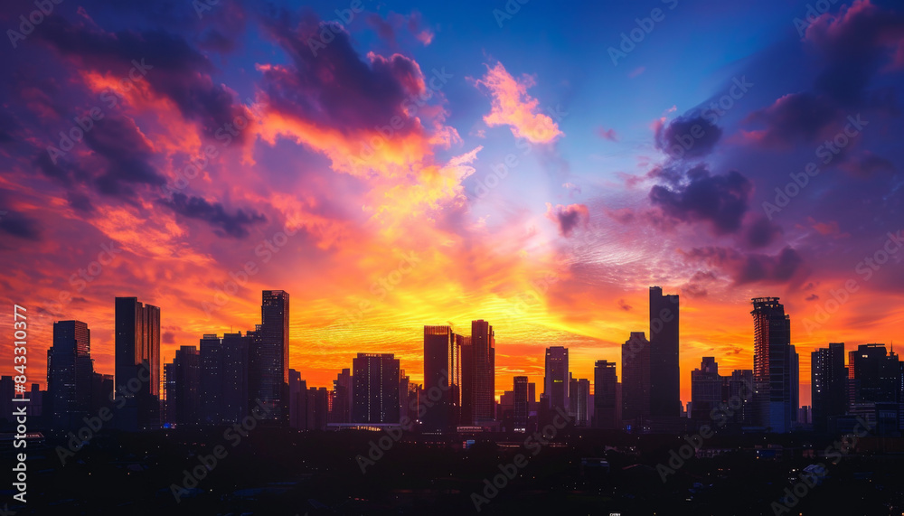 A city skyline is lit up by the sun as it sets A city skyline is lit up by the sun as it sets