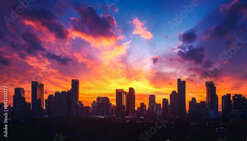 A city skyline is lit up by the sun as it sets