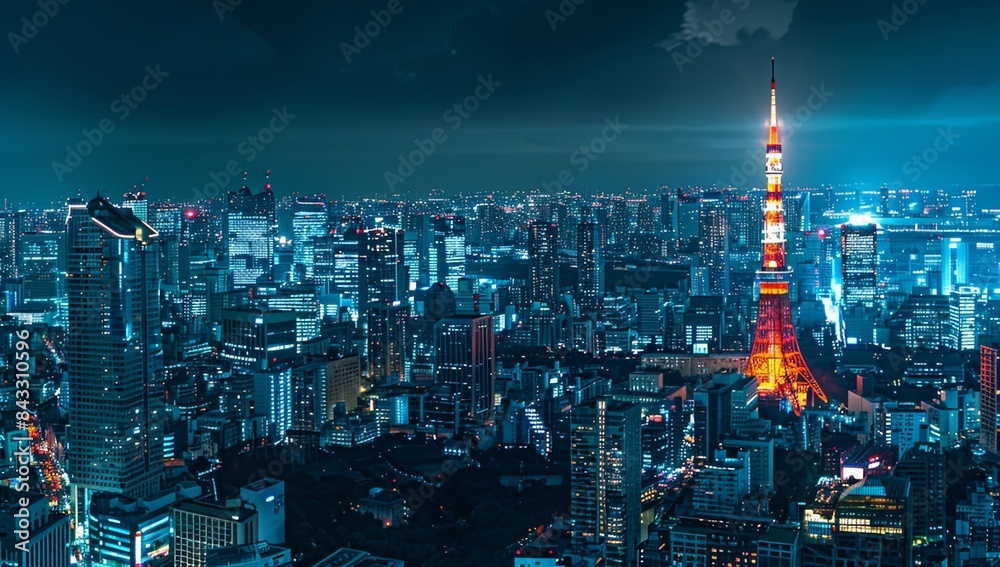 Obraz premium Tokyo’s Nightscape Majesty: Panoramic View with Tokyo Tower Illuminating the Blue-Hued Sky