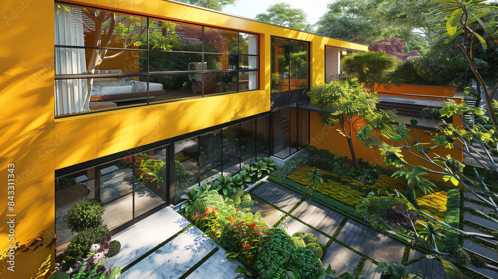 Fototapeta premium Angled top-down side view of a modern luxury suburban house with vibrant yellow walls and sleek glass fronts, highlighted by contemporary garden designs.