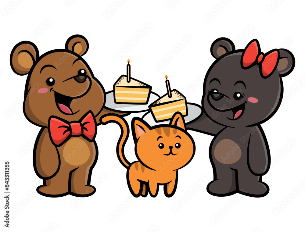 Obraz premium Cute couple bear cub wearing bowtie and butterfly hair ties celebrate birthday with kitten they pet. Best for sticker, logo, and mascot with birthday themes