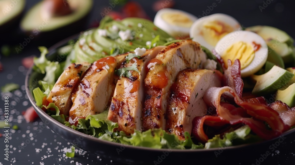 hearty Cobb salad with grilled chicken, crispy bacon, hard-boiled eggs, avocado, and a creamy ranch dressing.