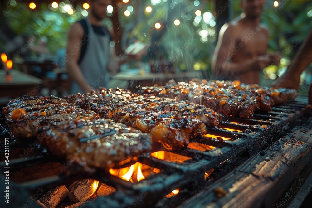 A group of people is having an outdoor party and grilling some barbecues at the same time, in the bright sunshine. A group of people is having an outdoor party and grilling some barbecues at the same time, in the bright sunshine.