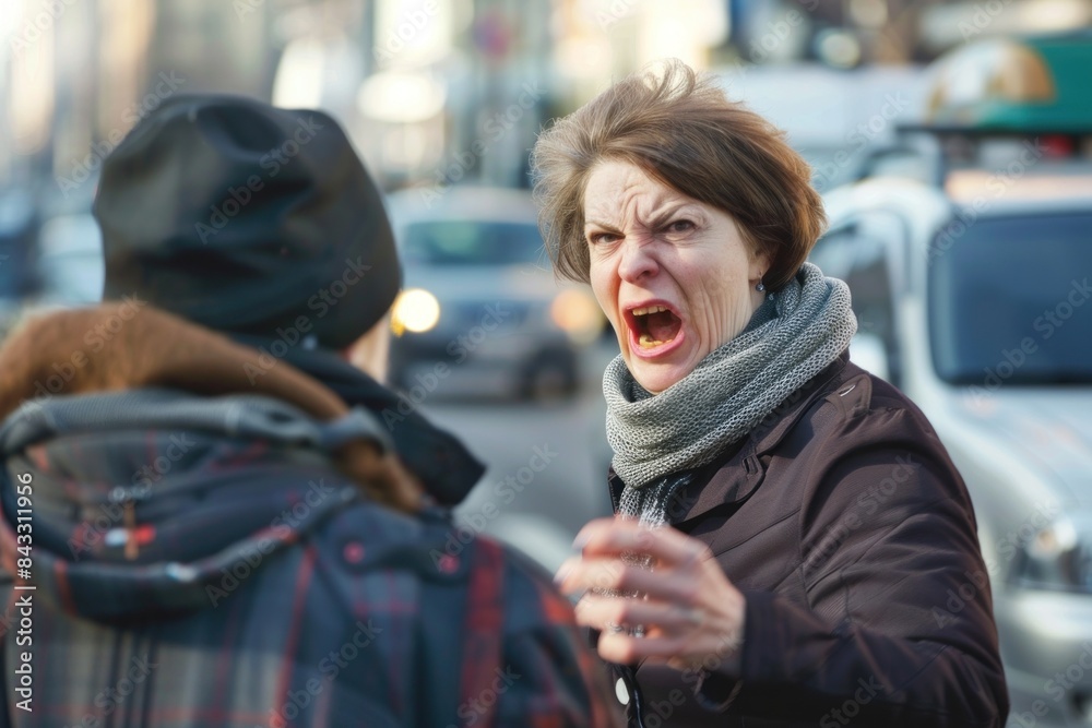 An elderly Caucasian woman yells angrily at a person, gesturing animatedly on a city street. An elderly Caucasian woman yells angrily at a person, gesturing animatedly on a city street.
