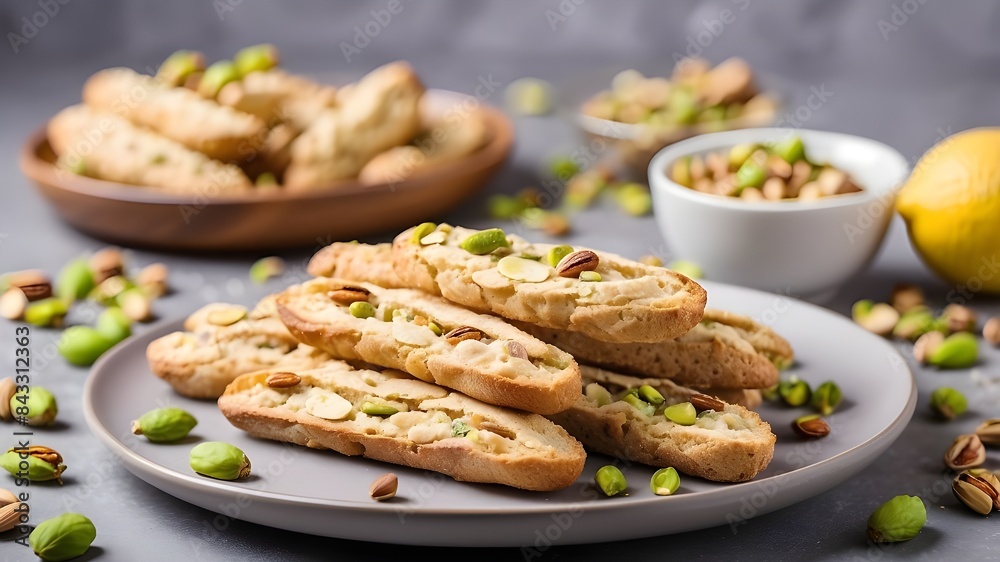 Side view of homemade Italian cantuccini with citron and pistachios on a plate. Citron and Pistachio Crisp Cookies. Make a copy of the space Side view of homemade Italian cantuccini with citron and pistachios on a plate. Citron and Pistachio Crisp Cookies. Make a copy of the space