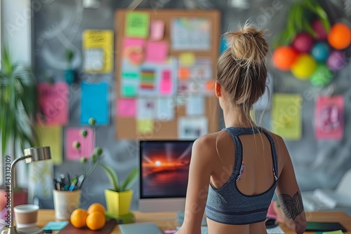 Young woman working from home office in sports attire, focused on laptop screen with vibrant bulletin board and plants in background.