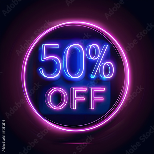 Neon 50% OFF sign, futuristic holographic style