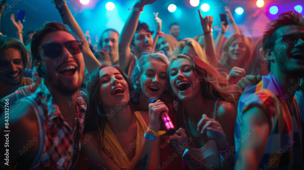 A group of people are at a concert, singing and dancing A group of people are at a concert, singing and dancing