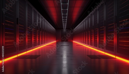 Modern server room with red floor lights