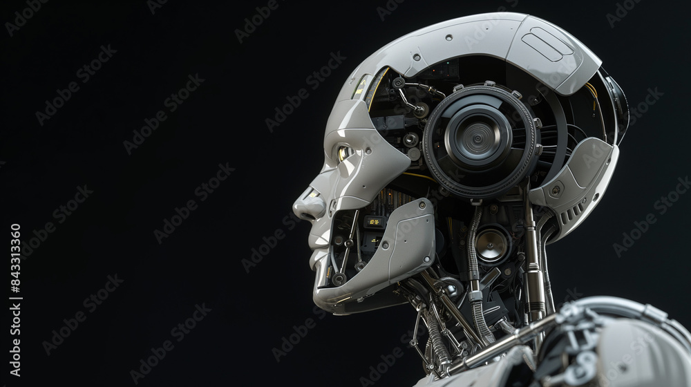 Fototapeta premium 3d render of a robot with a head, robot cyborg soldier, cyborg robot, an AI robot head, composed entirely from wires and circuits, against the backdrop of pitchblack space, obot with gears, human skul