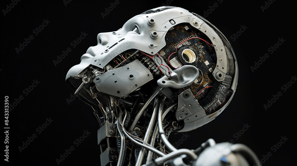 Fototapeta premium 3d render of a robot with a head, robot cyborg soldier, cyborg robot, an AI robot head, composed entirely from wires and circuits, against the backdrop of pitchblack space, obot with gears, human skul