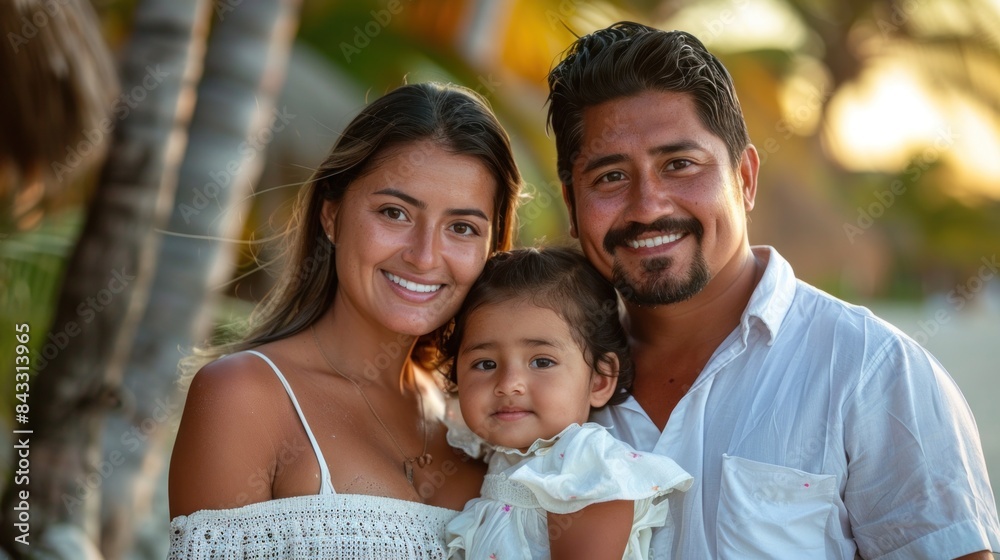 Fototapeta premium Latin American family, including a mother, father, and young daughter, smiles warmly at the camera on a tropical beach at sunset.