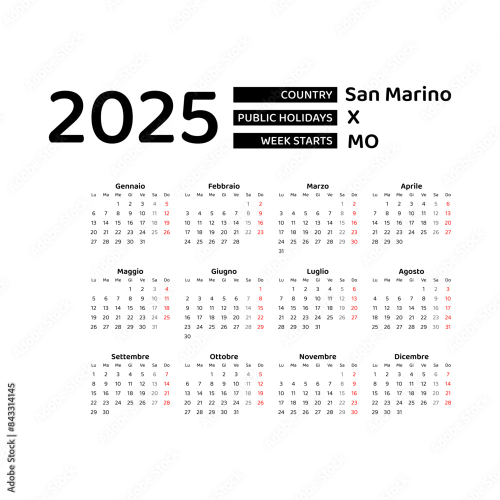 San Marino Calendar 2025. Week starts from Monday. Vector graphic design. Italian language. San Marino Calendar 2025. Week starts from Monday. Vector graphic design. Italian language.