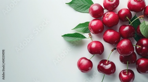 Fresh red cherries with green leaves on a white background. Vibrant and natural fruit, perfect for healthy eating and summer textures.