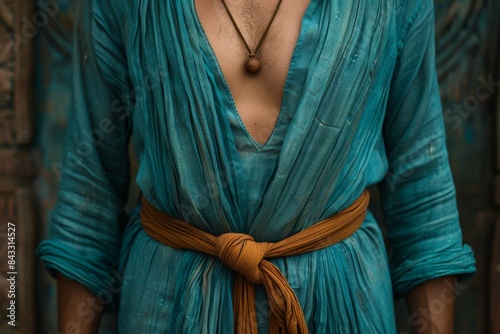 A vibrant turquoise kurta with a contrasting brown belt tied loosely around the waist. photo