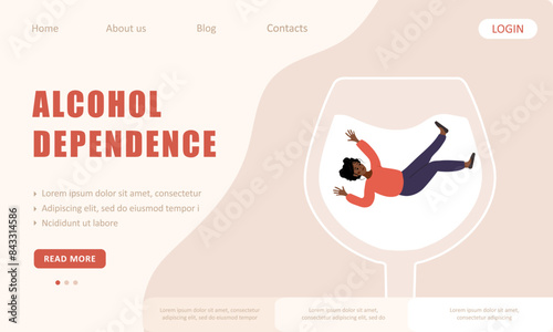 Alcohol dependence. Landing page template. Drunk african Woman swimming in glass of boozy. People suffering from hard drinking. Vector illustration in flat cartoon style.