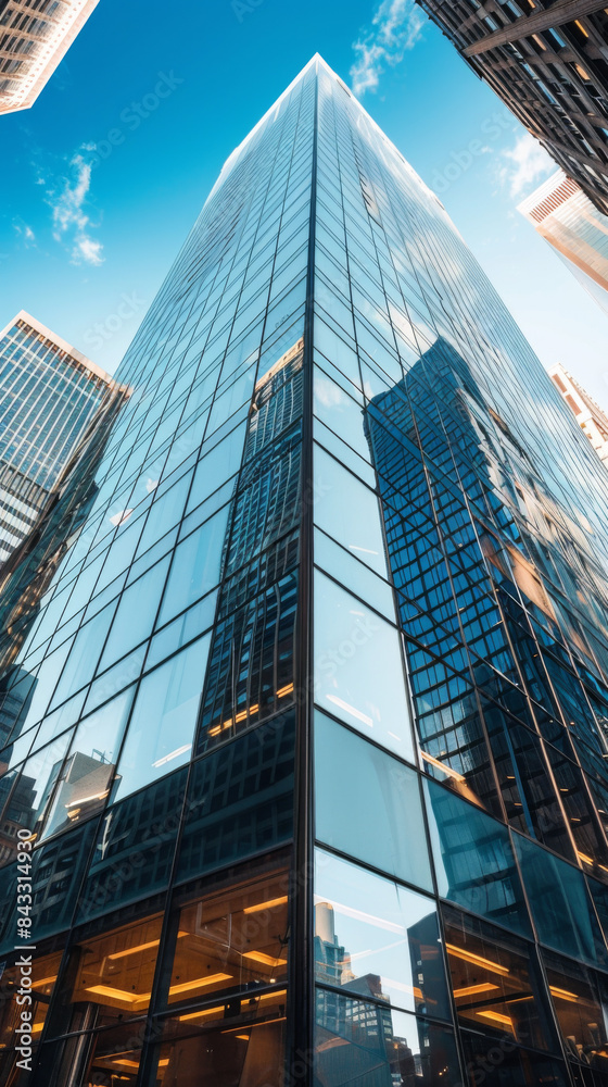 Naklejka premium A tall building with a glass facade and a clear blue sky in the background
