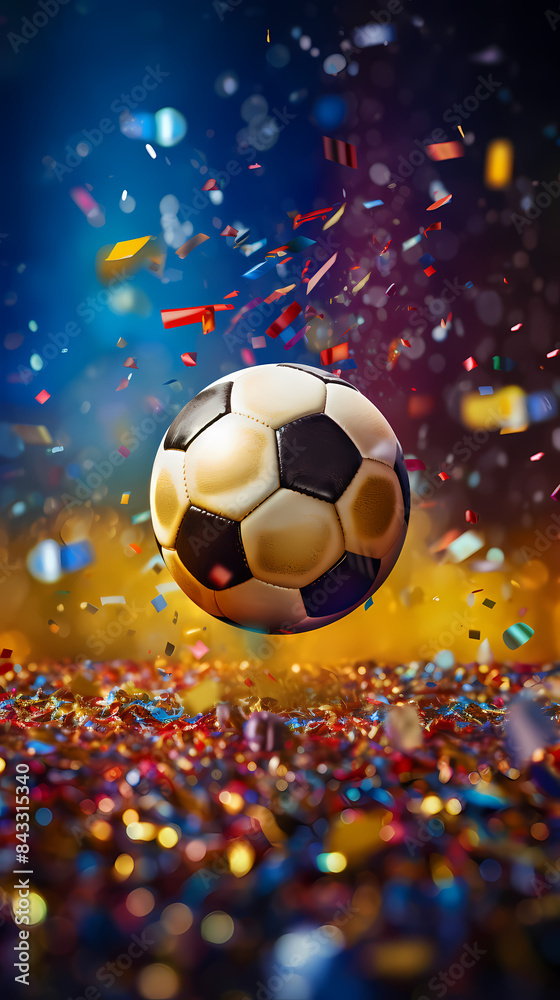 Soccer ball flying on background with confetti