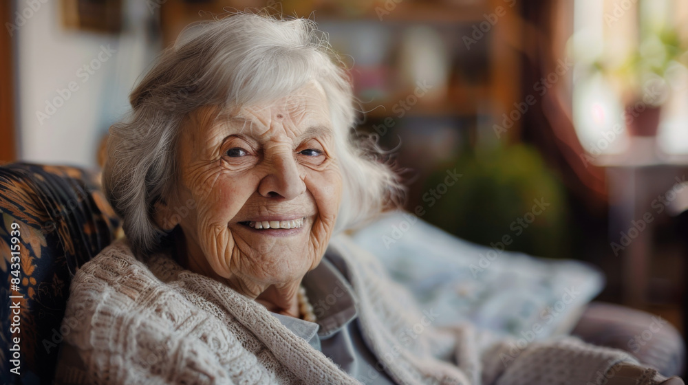 A woman with white hair is smiling and sitting on a couch A woman with white hair is smiling and sitting on a couch