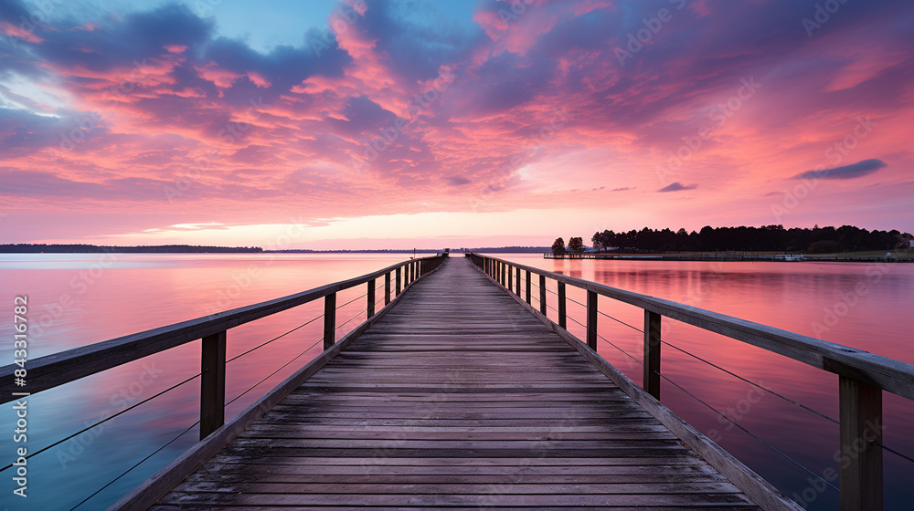 Calm and beautiful coastal area. A long wooden jetty stretches out into the quiet, calm sea with gentle waves. Pastel-coloured clouds in the sky Calm and beautiful coastal area. A long wooden jetty stretches out into the quiet, calm sea with gentle waves. Pastel-coloured clouds in the sky