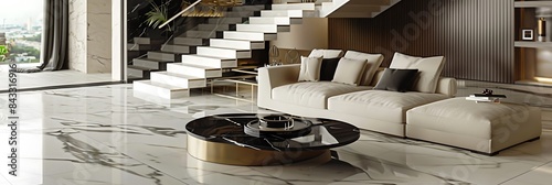 Contemporary living room with a plush cream sofa, a sleek black marble coffee table, and a white marble floor. The staircase is designed with open risers and a glass railing. photo