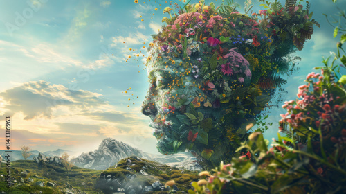 A woman's face is made of flowers and plants