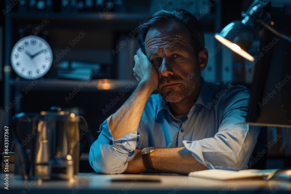 An overworked employee in a dimly lit office, looking at a clock with a tired expression An overworked employee in a dimly lit office, looking at a clock with a tired expression