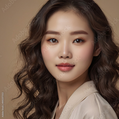 A stunningly exquisite Asian woman with natural curly hair and a graceful expression. The close-up portrait highlights her elegance and beauty.