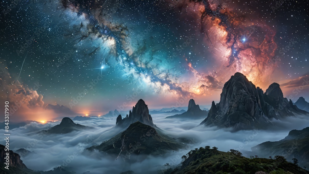 Naklejka premium Mystical Mountainscape Under a Starry Sky
