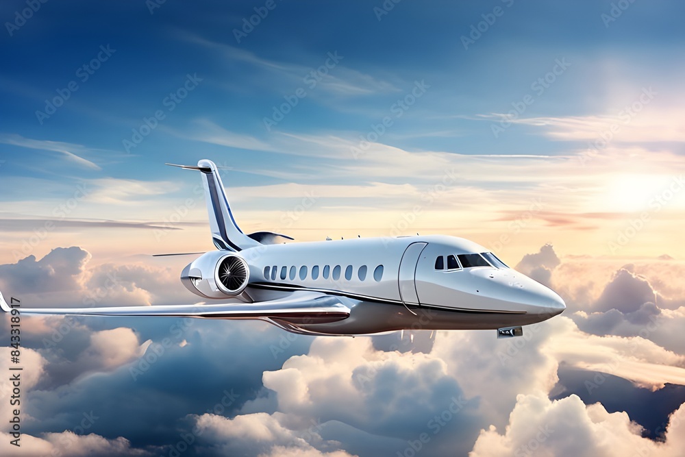 Luxury design private jet flying over the clouds in the sky on a clear day. Travel background and wide aerial banner.