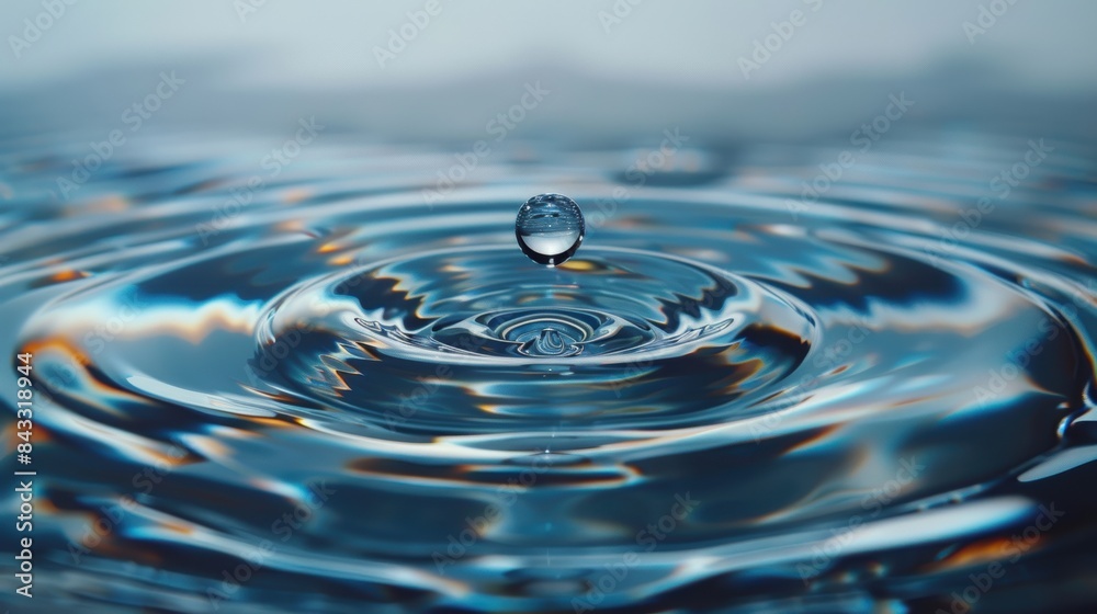 Close up of a water droplet creating ripples on a calm surface, depicting tranquility and nature's serene beauty.