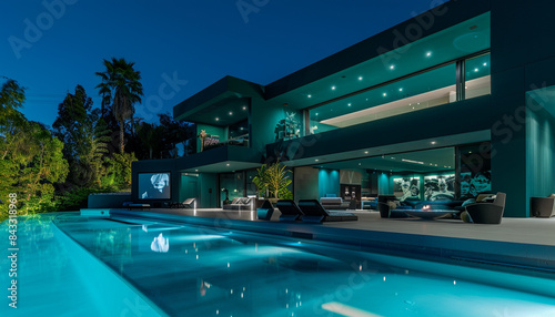 Dark teal contemporary mansion with a home theater and infinity edge pool, in a luxurious suburban setting.